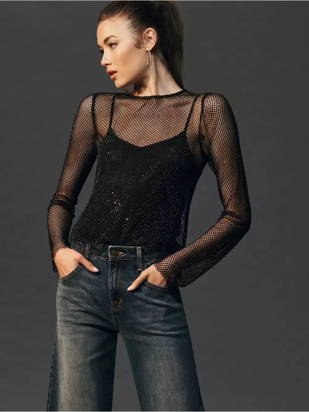 Anthropologie Mesh Long Sleeve Rhinestone Top NWT NEW